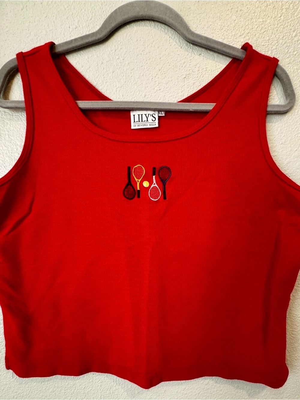 Lily’s of Beverly Hills Red Tank Top with Tennis Racket Embroidery. XL Preppy